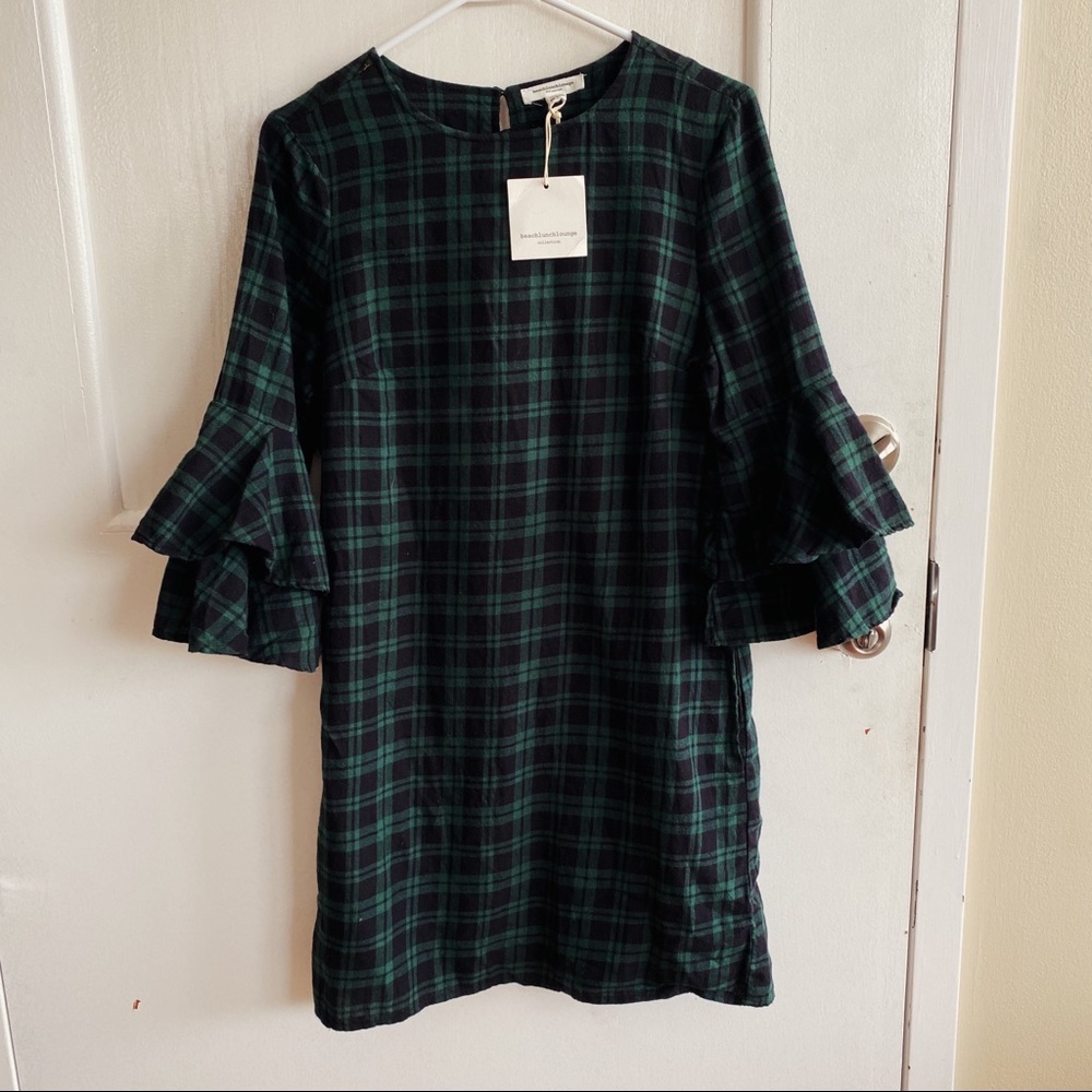 brand new trendy green & black plaid mini dress